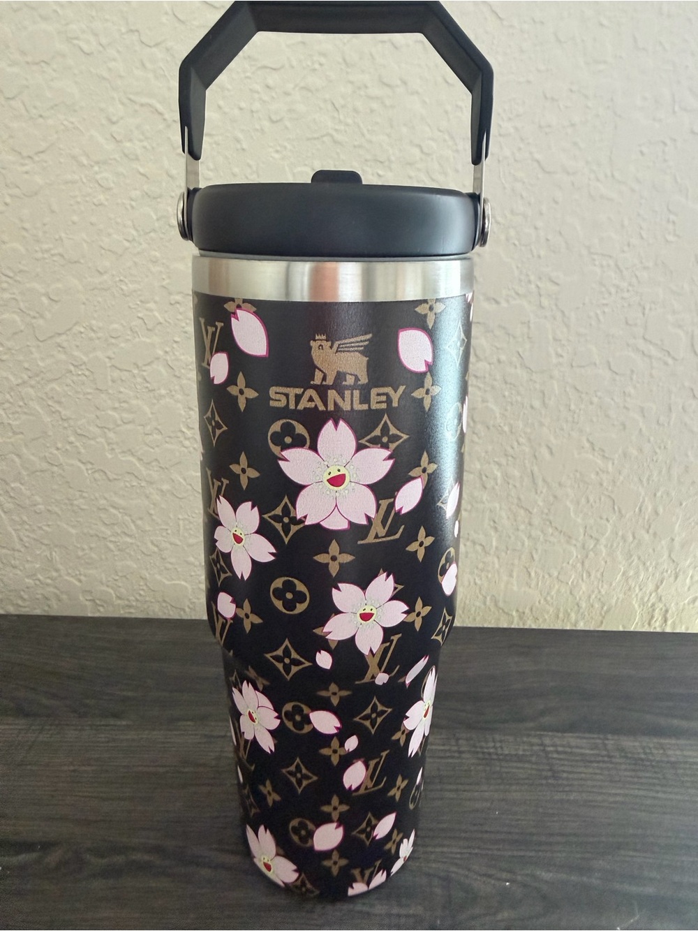 30oz Black Pink Floral Flip Straw Tumbler with Handle & Box